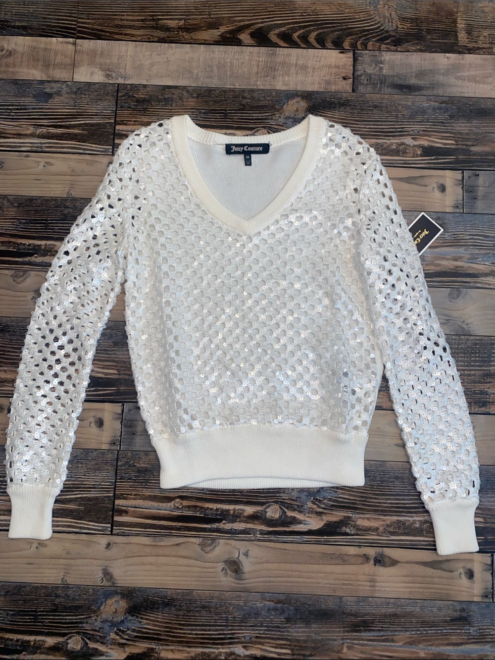 Juicy Couture Ivory Sequin V-Neck Sweater